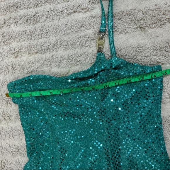 Vintage Y2K Turquoise Sequin One Shoulder Mini Dress Mona V Party 1990s - Picture 6 of 8